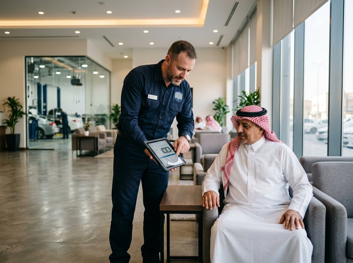 مهندس فني يشرح تقرير فحص كمبيوتر السيارة للعميل داخل استراحة المركز المكيفة في فارس العرب 2 بالرياض