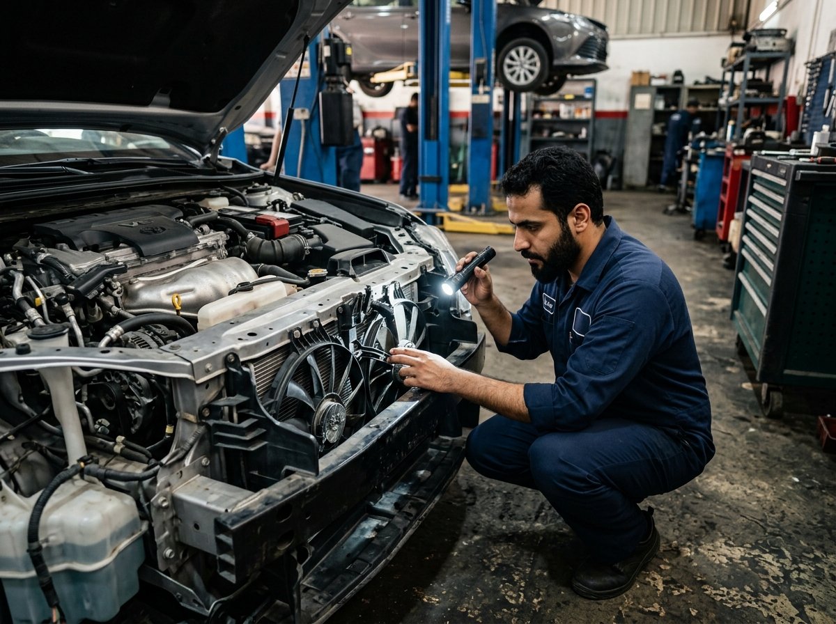 فني يفحص رديتر ومراوح التبريد الأمامية بمصباح عمل يدوي في ورشة بالرياض