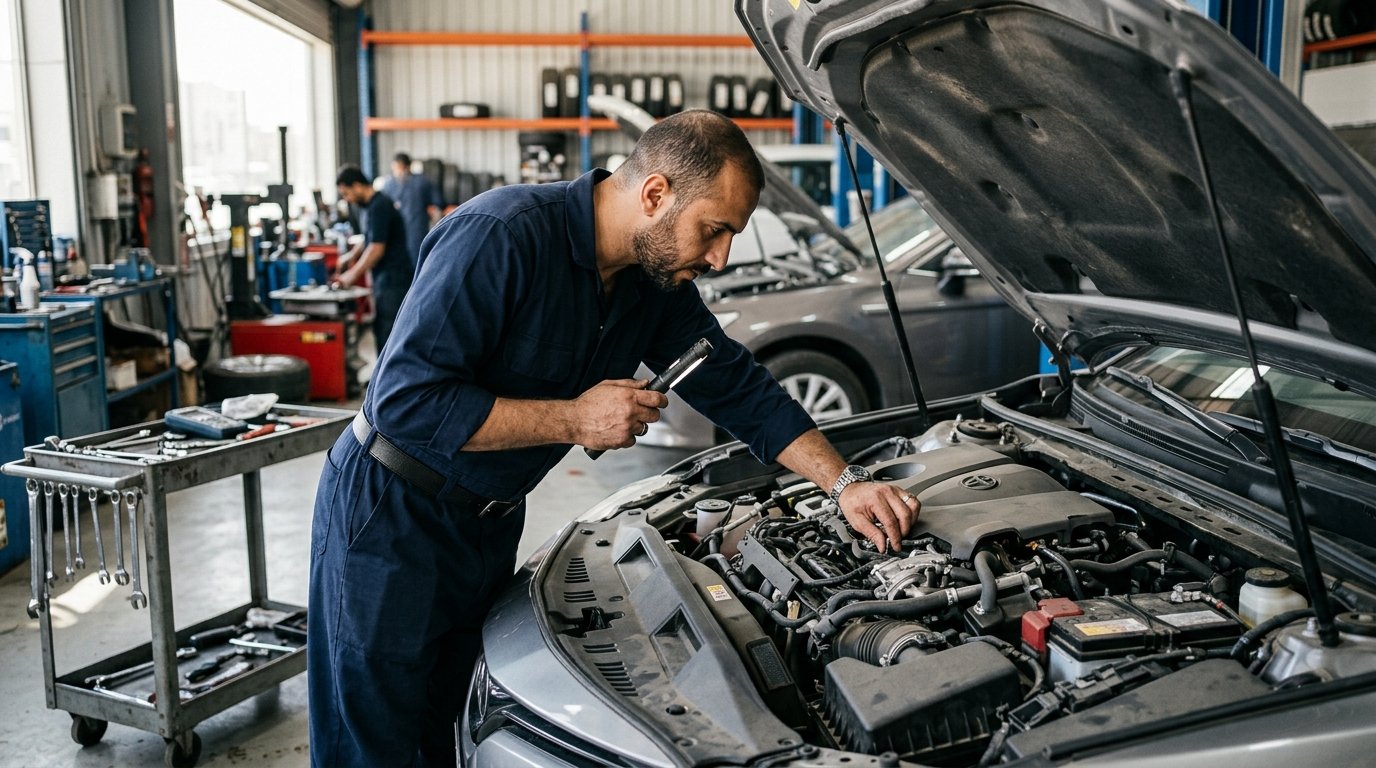 أعمال فحص وتوضيب محرك السيارة في مركز صيانة بالرياض