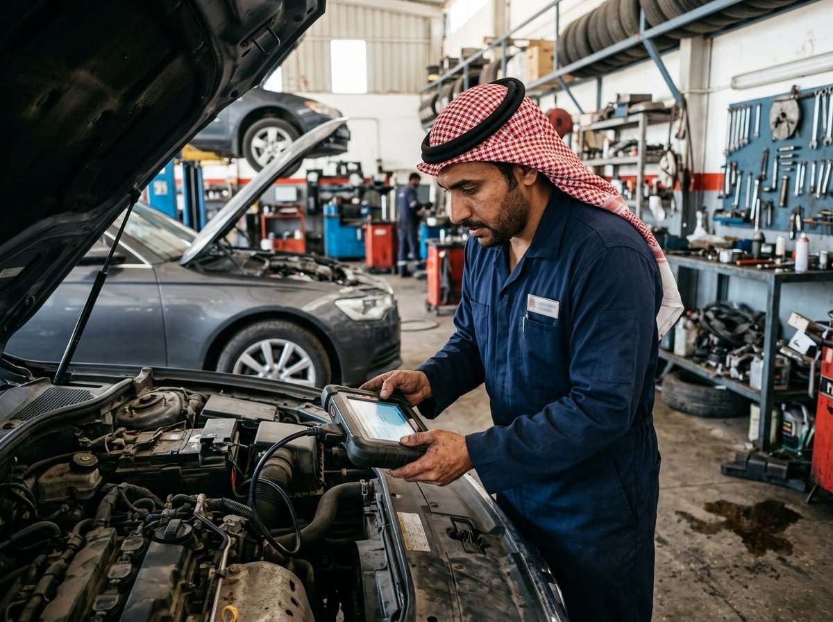 فني سعودي يشغل جهاز تشخيص أعطال متقدم متصل بمحرك سيارة أوروبية