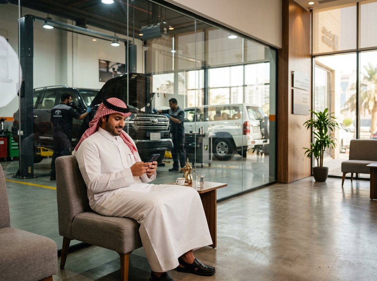 عميل سعودي يتناول القهوة في استراحة الانتظار المكيفة ويتابع سيارته بالخلفية