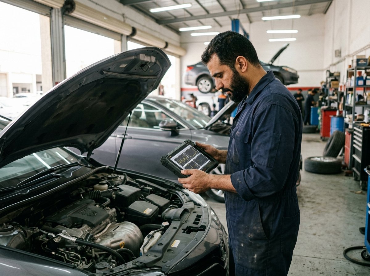 فني يراجع بيانات وحساسات محرك سيارة فورد بجهاز فحص لوحي بالرياض