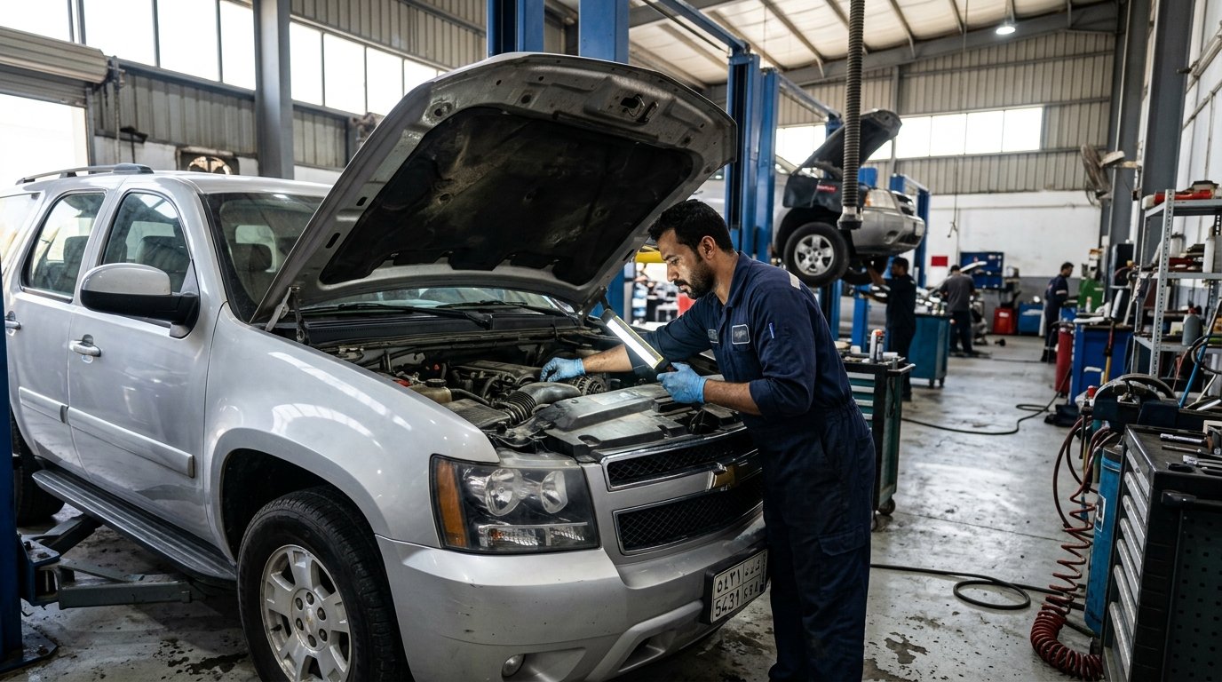 فني يفحص محرك سيارة فورد SUV عائلية فضية كبيرة بمصباح فحص بالرياض