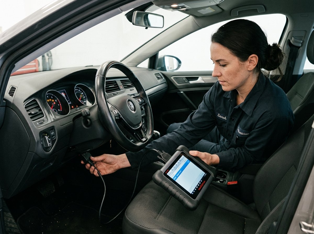 فني يربط جهاز الفحص بمنفذ OBD2 أسفل مقود السيارة ويراجع لمبات الطبلون
