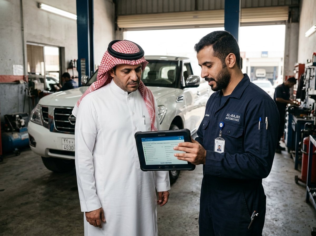 فني يشرح تقرير وملاحظات الفحص لعميل عبر جهاز تابلت في مركز بالرياض