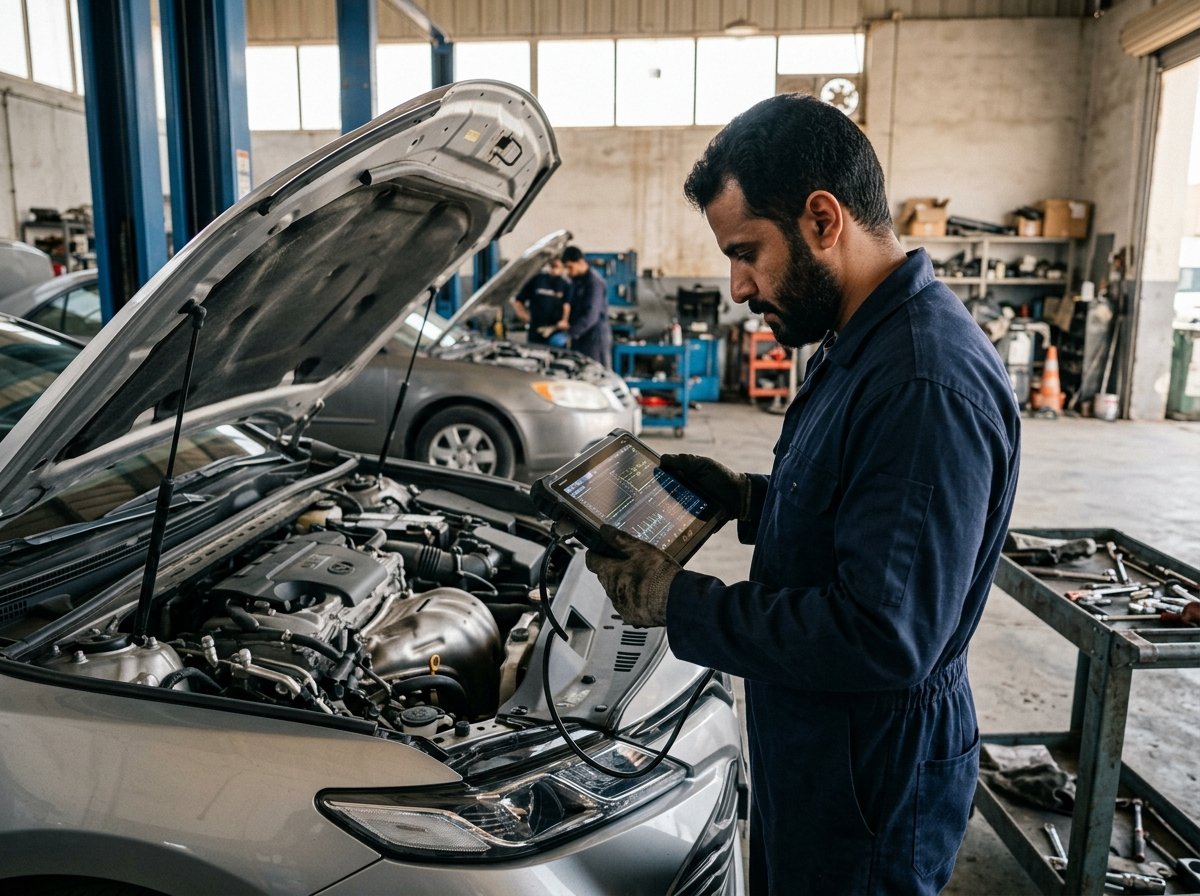 فني يراجع كودات الأعطال والبيانات الحية لسيارة هيونداي عبر جهاز فحص لوحي بالورشة