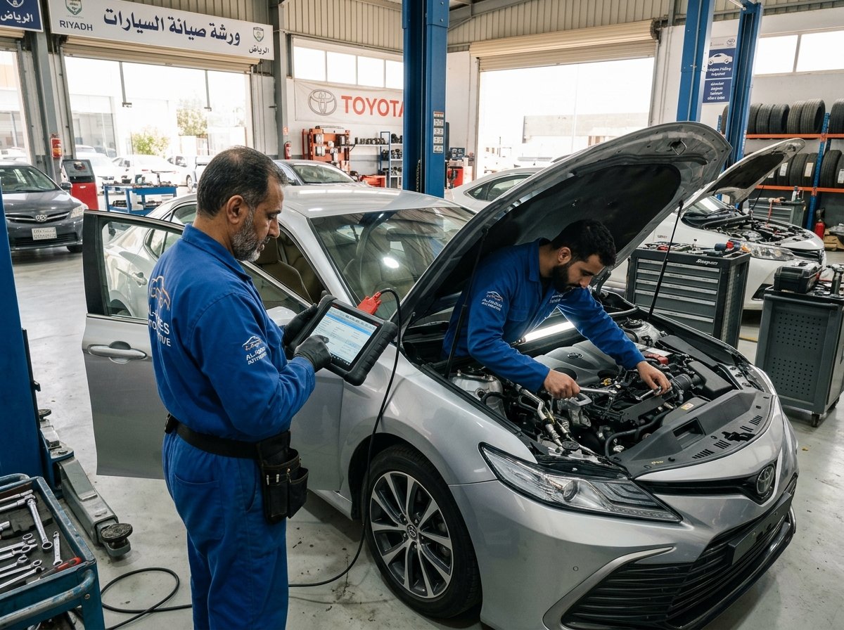 فنيان يتعاونان في فحص كمبيوتر وميكانيكا لسيارة سيدان يابانية بالرياض