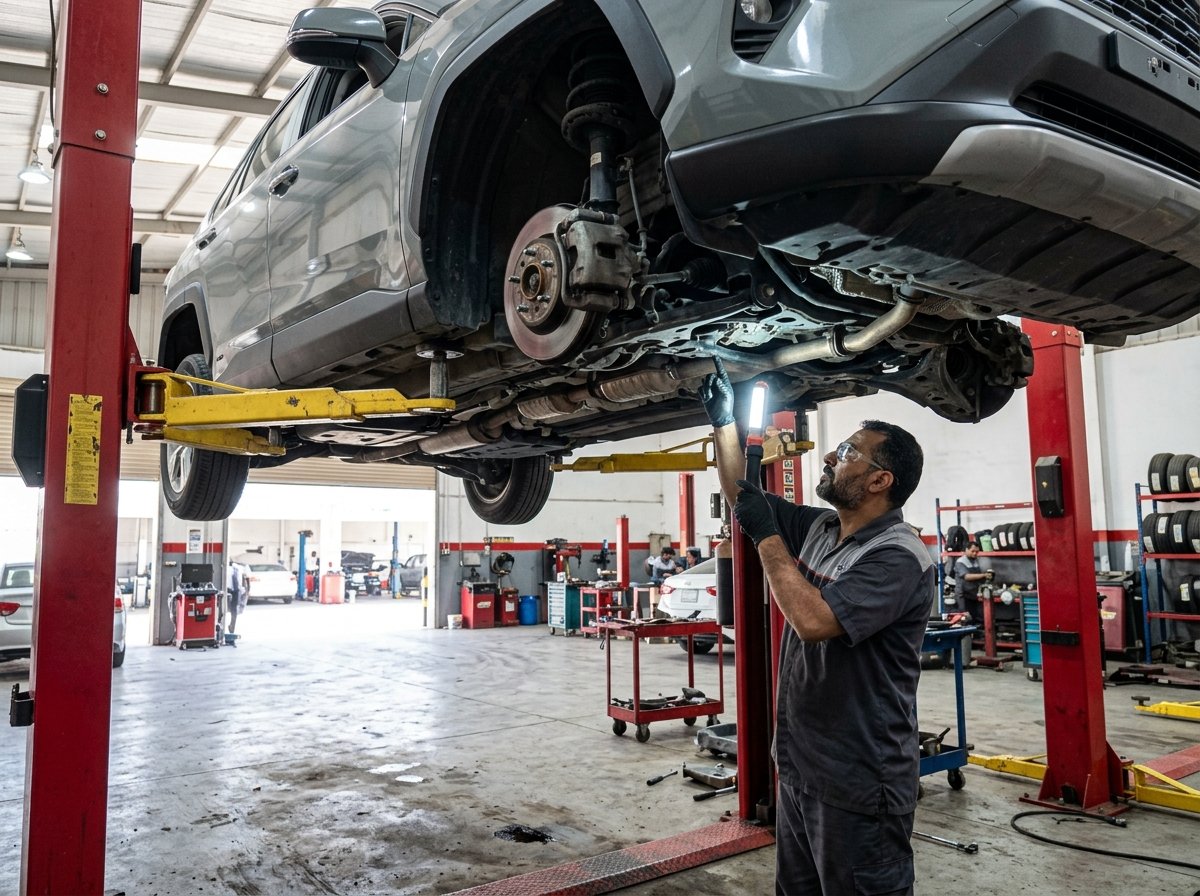 فني يفحص شاسيه وعفشة سيارة SUV يابانية مرفوعة على رافعة هيدروليكية بالرياض