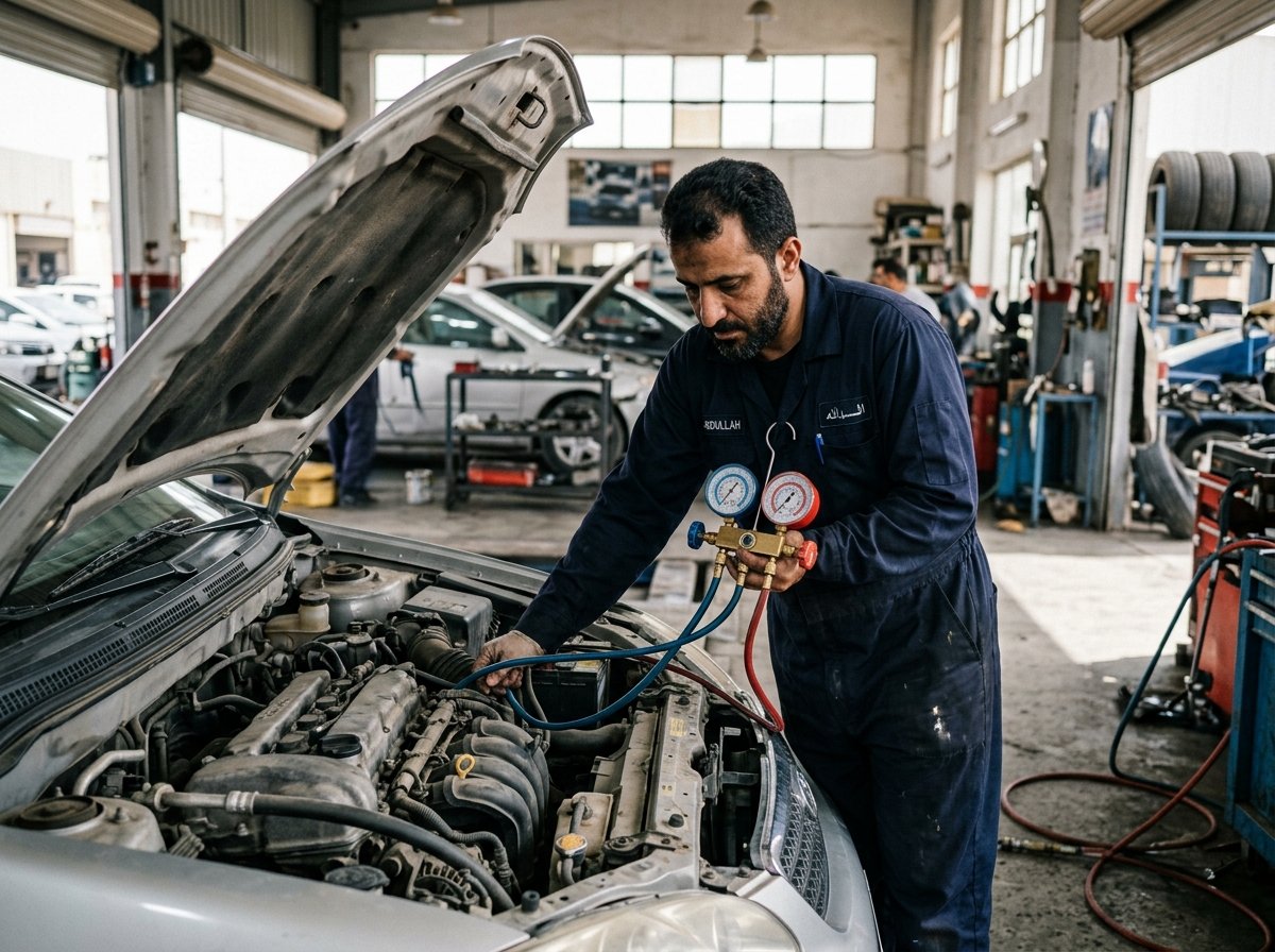 فني يختبر ضغوط غاز الفريون بمقياس المانيفولد المزدوج لسيارة كيا