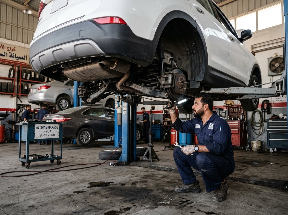 فني يفحص المساعد الخلفي وياي التعليق لسيارة SUV كيا بيضاء مرفوعة