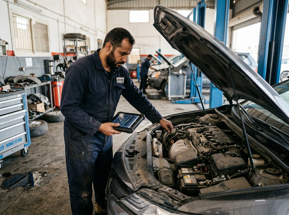 فني يوصل جهاز فحص تشخيصي بمنفذ OBD لسيارة نيسان لمراجعة قراءات كمبيوتر القير
