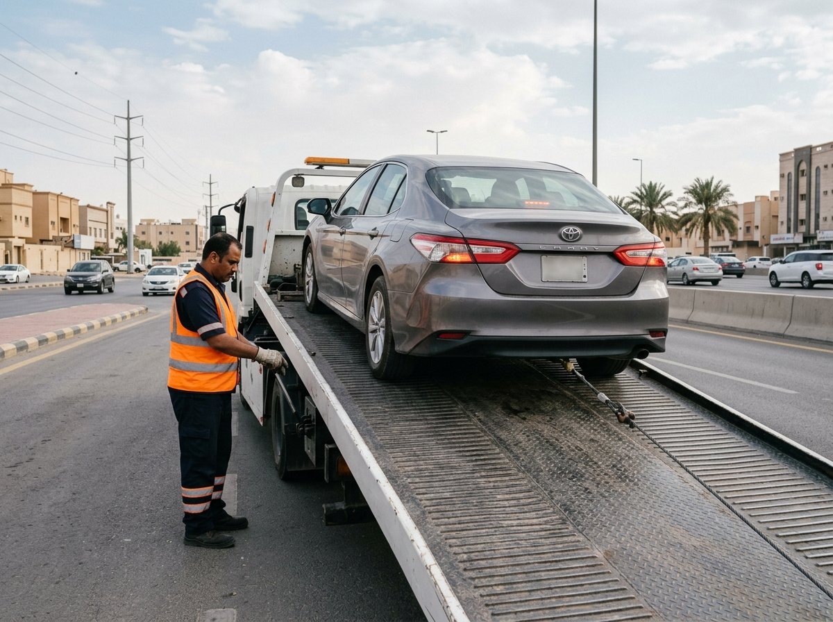 عامل سطحة بزي سلامة عاكس يشغل ونش التحميل لسحب سيارة على السطح المائل