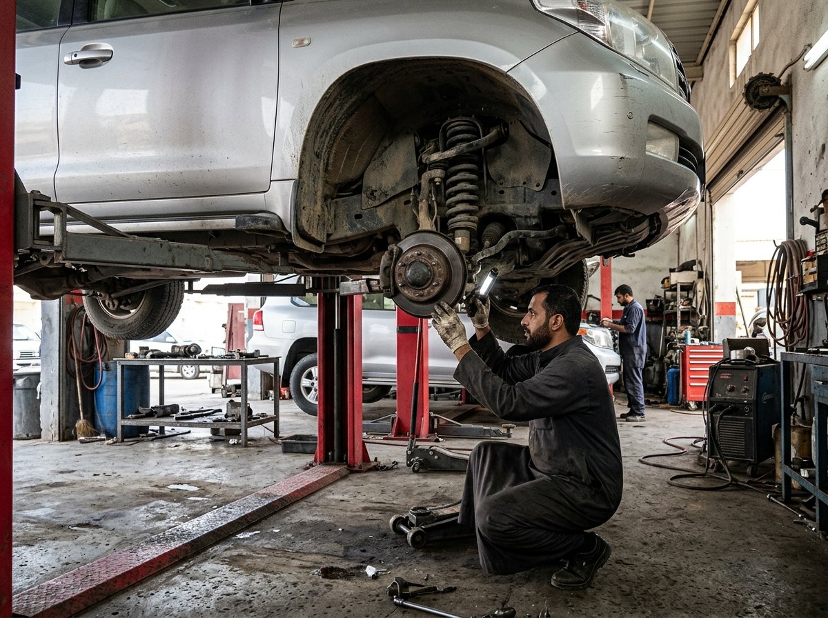 فني يفحص نظام الدفع الرباعي والمساعدين لسيارة SUV تويوتا على الرافعة